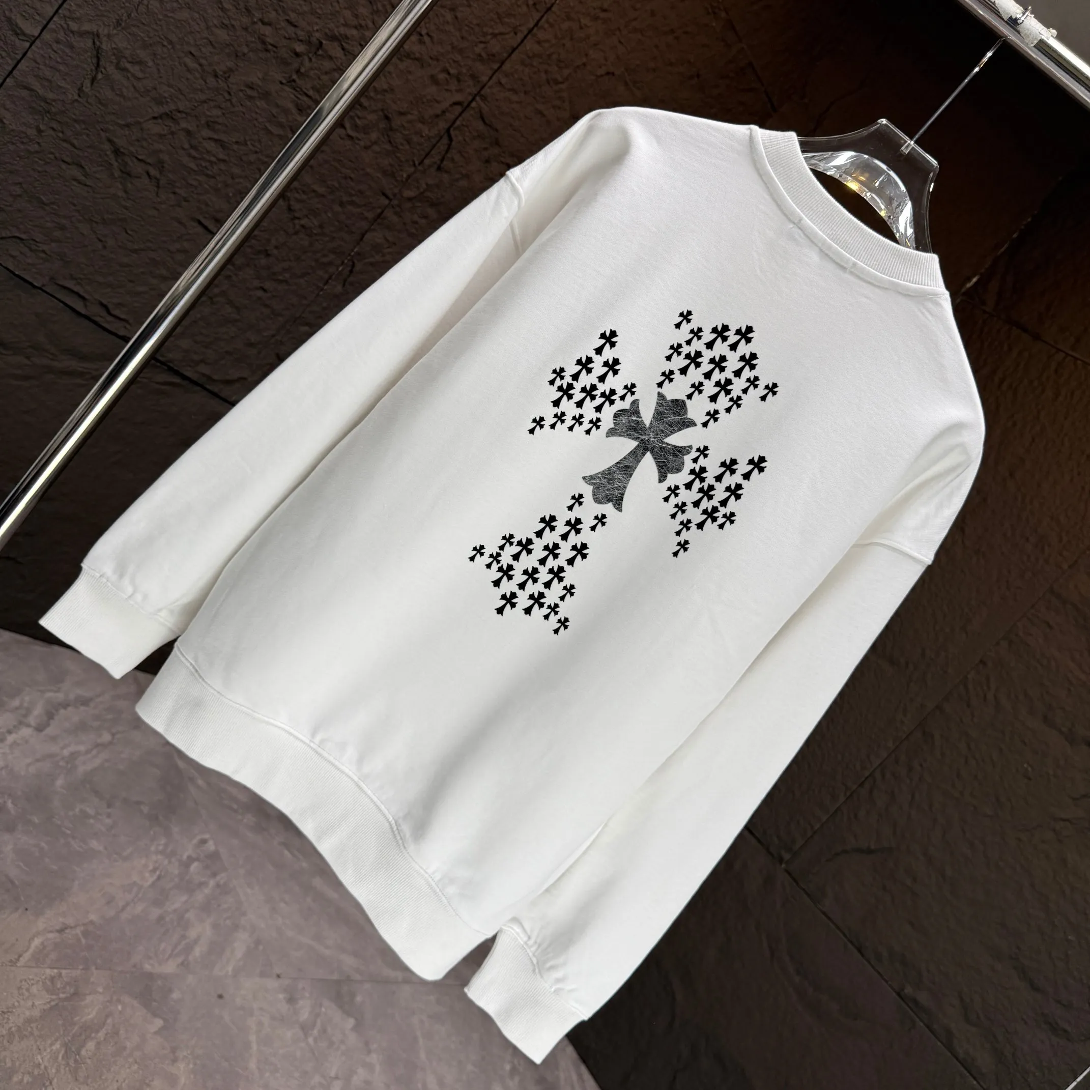 🅿️250 CH* Croixin* 2025 autumn and winter new round neck sweatshirt 400g terry cotton Sanskrit horseshoe logo flocking➕silver wire Color: Black White Gray Purple Size: S M L XL XXL